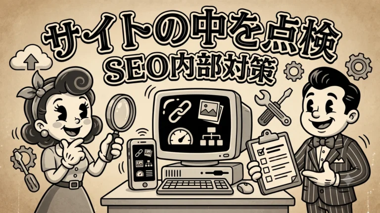 ウェブサイトの構造、ページ内容、モバイル表示をチェックする担当者のイメージ