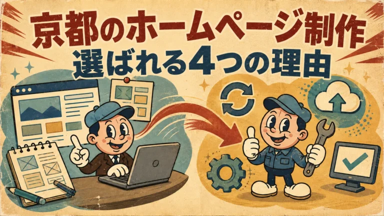 京都でホームページ制作会社を選ぶ4つの確認ポイントを表したアイキャッチ画像