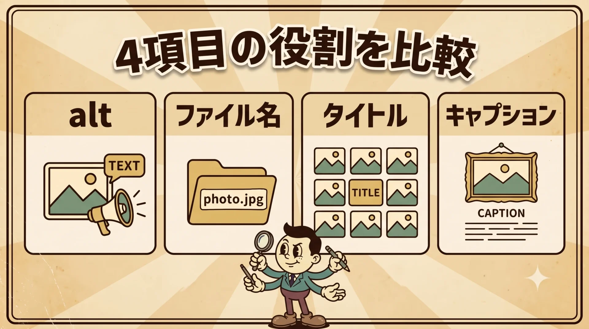 alt・ファイル名・WordPressタイトル・キャプションの役割と表示場所の比較図