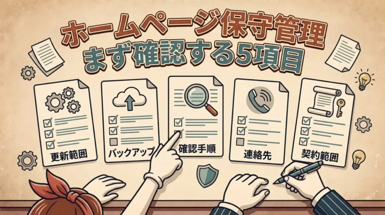 ホームページ保守管理の更新範囲、バックアップ、確認手順、連絡先、契約範囲を示す5項目のチェックリスト