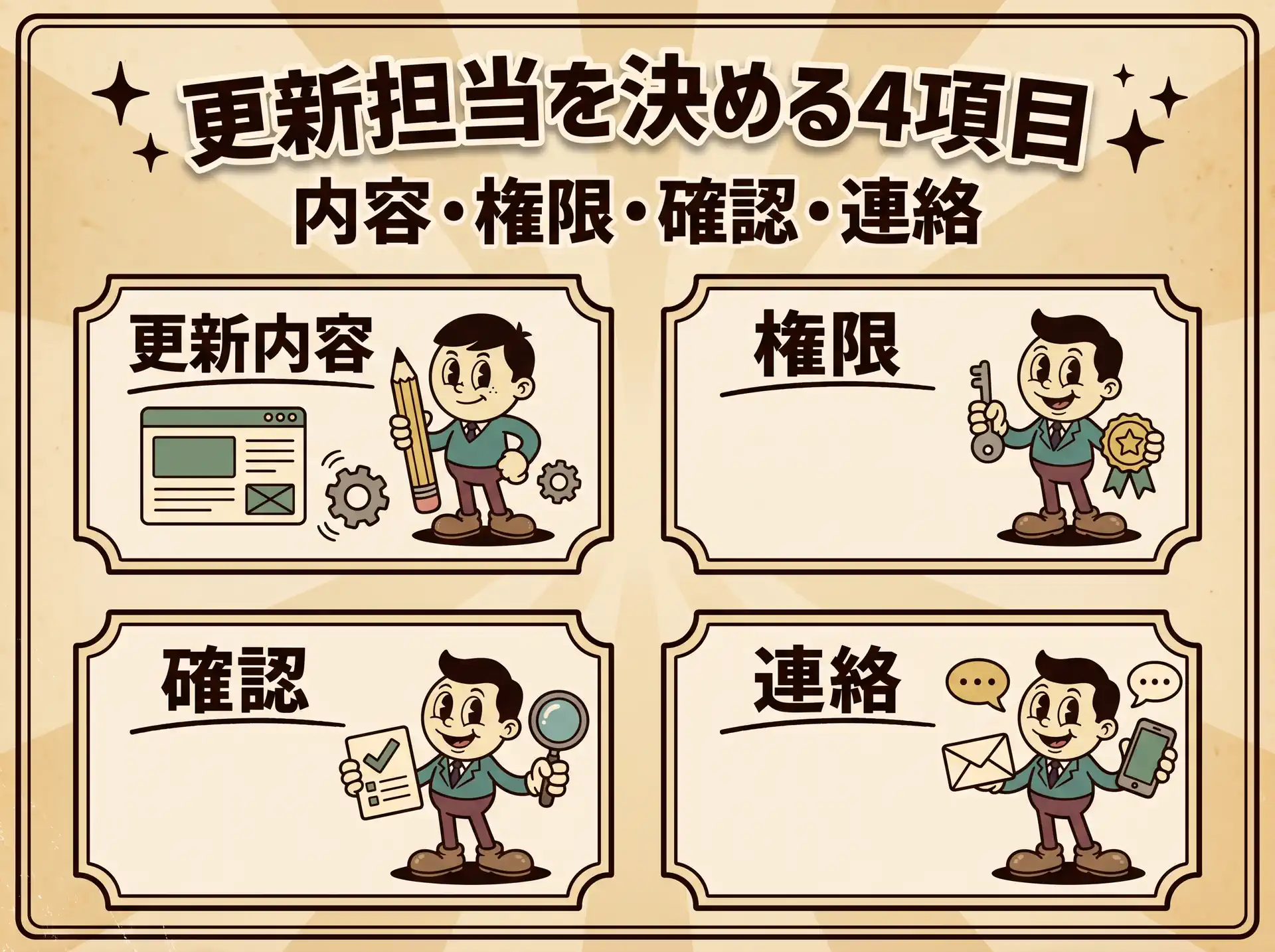 更新内容、権限、確認、連絡手順の4項目を整理した図解
